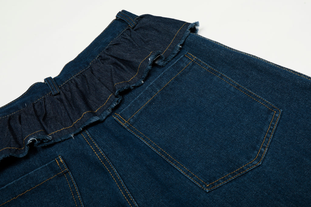 DONOTLOGO Sweet Streetwear Collection | Unisex Relaxed Fit Denim Jeans | Delicate Ruffle Waistband & Hanging Charm Motif with Classic Cotton Denim Fabric