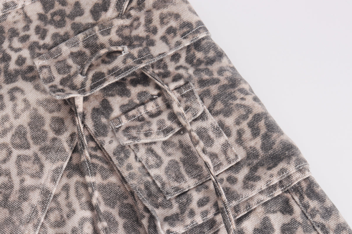 DONOTLOGO Y2K Grunge Aesthetic | Unisex Oversized Cargo Trousers | Distressed Leopard Print with Functional Streetwear Pockets