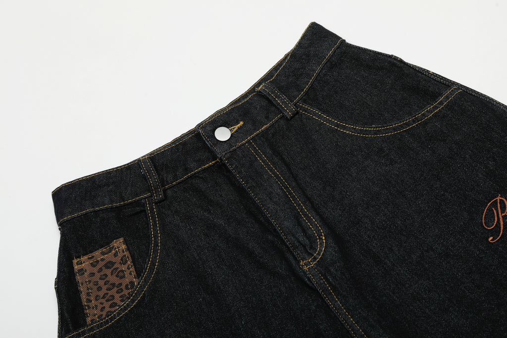 Unisex Vintage Leopard Applique Denim Jeans