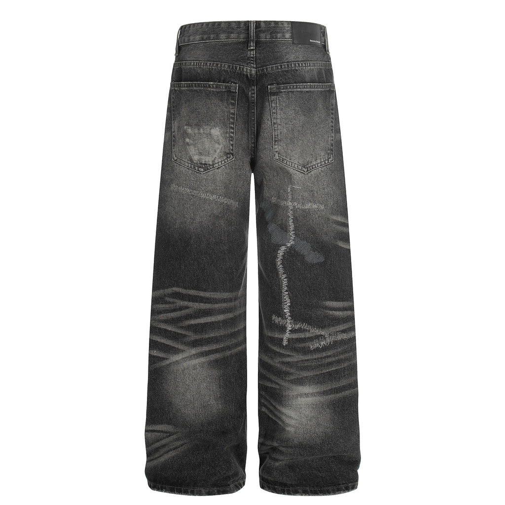 DONOTLOGO Urban Heritage Collection | Unisex Oversized Cat Whisker Denim | Retro Aesthetic High-Rise Wide-Leg Bottoms with Authentic Fade Detail