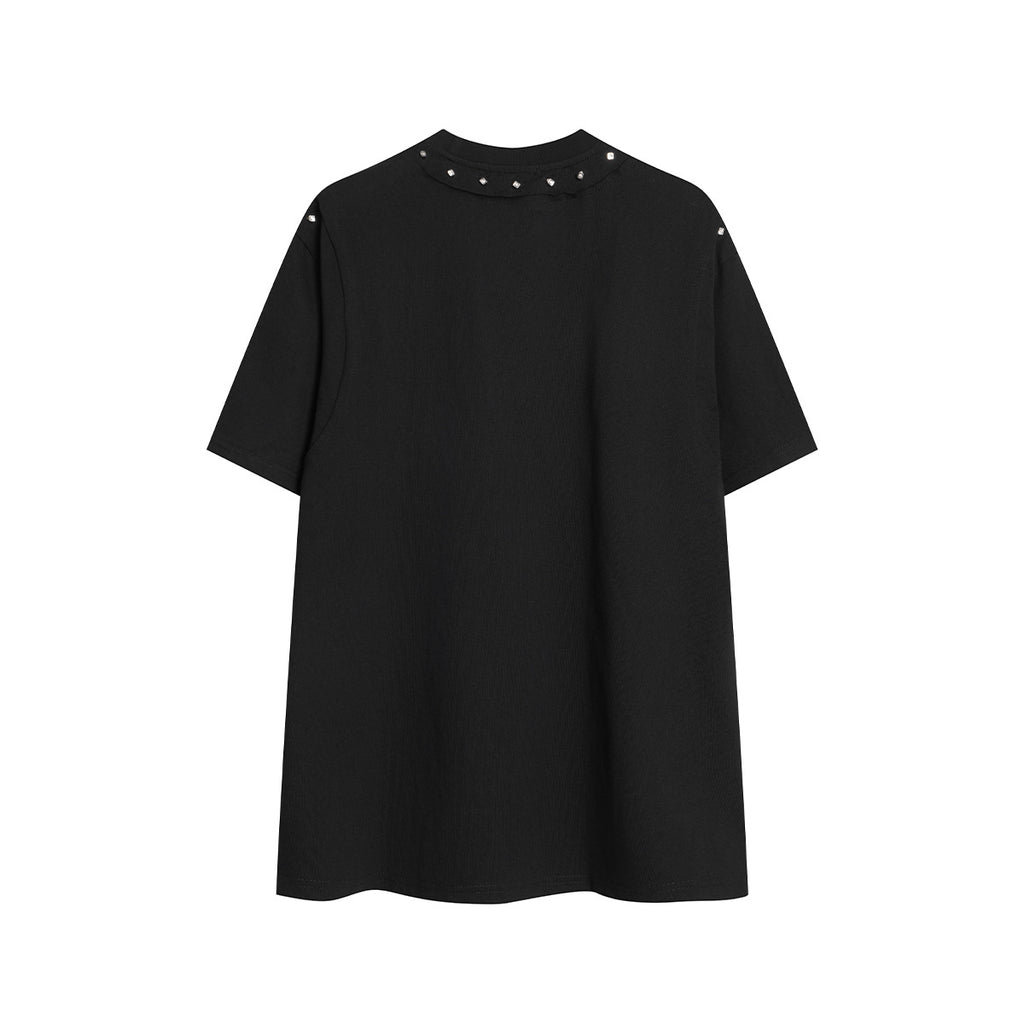 Unisex Streetwear Color-Block Raw-Edge Beaded Versatile Short-Sleeve T-Shirt