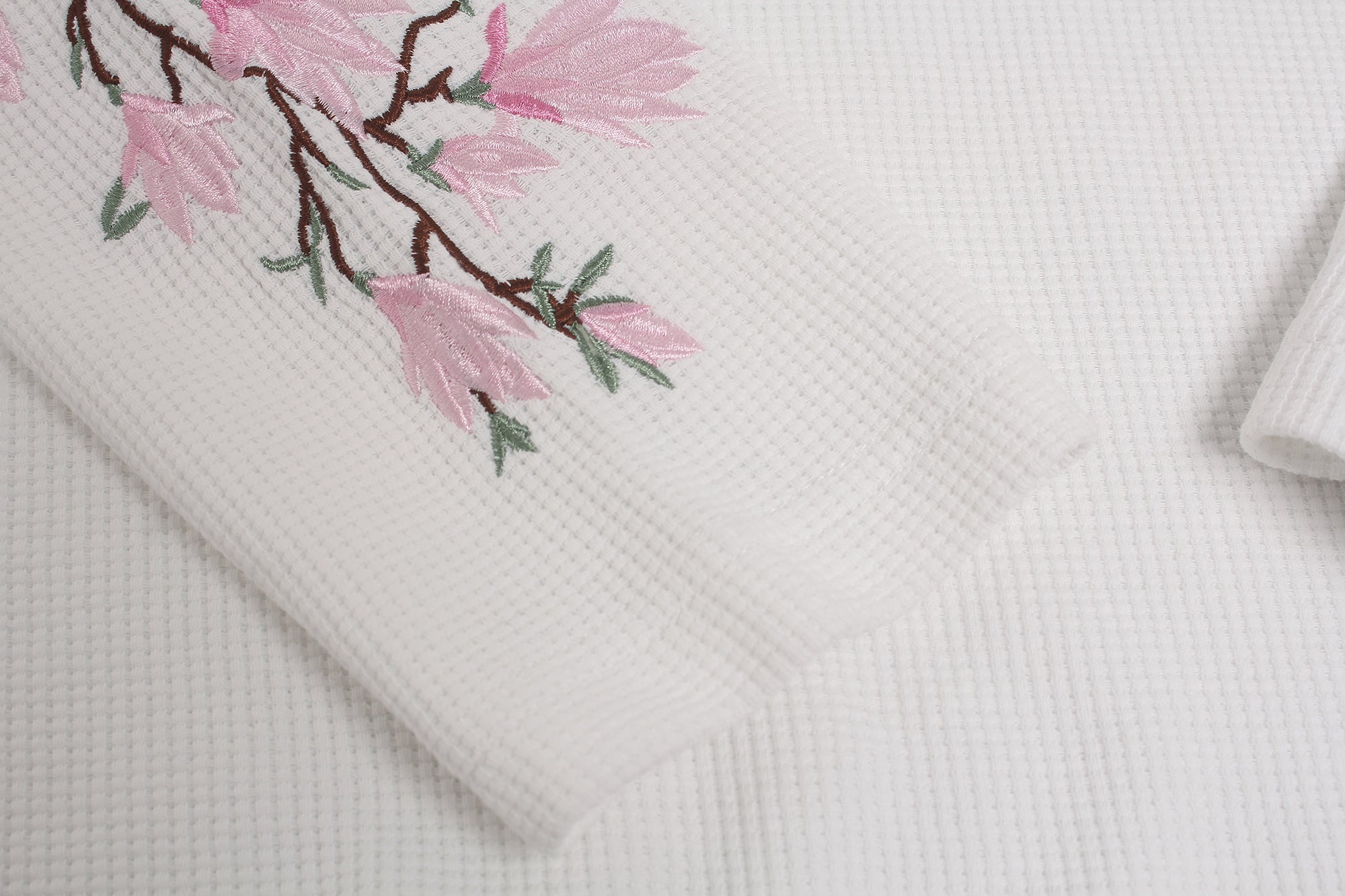 DONOTLOGO Urban Streetwear Collection | Unisex Relaxed Silhouette Tee | Elegant Peach Blossom Embroidery & Soft Waffle Knit Fabric
