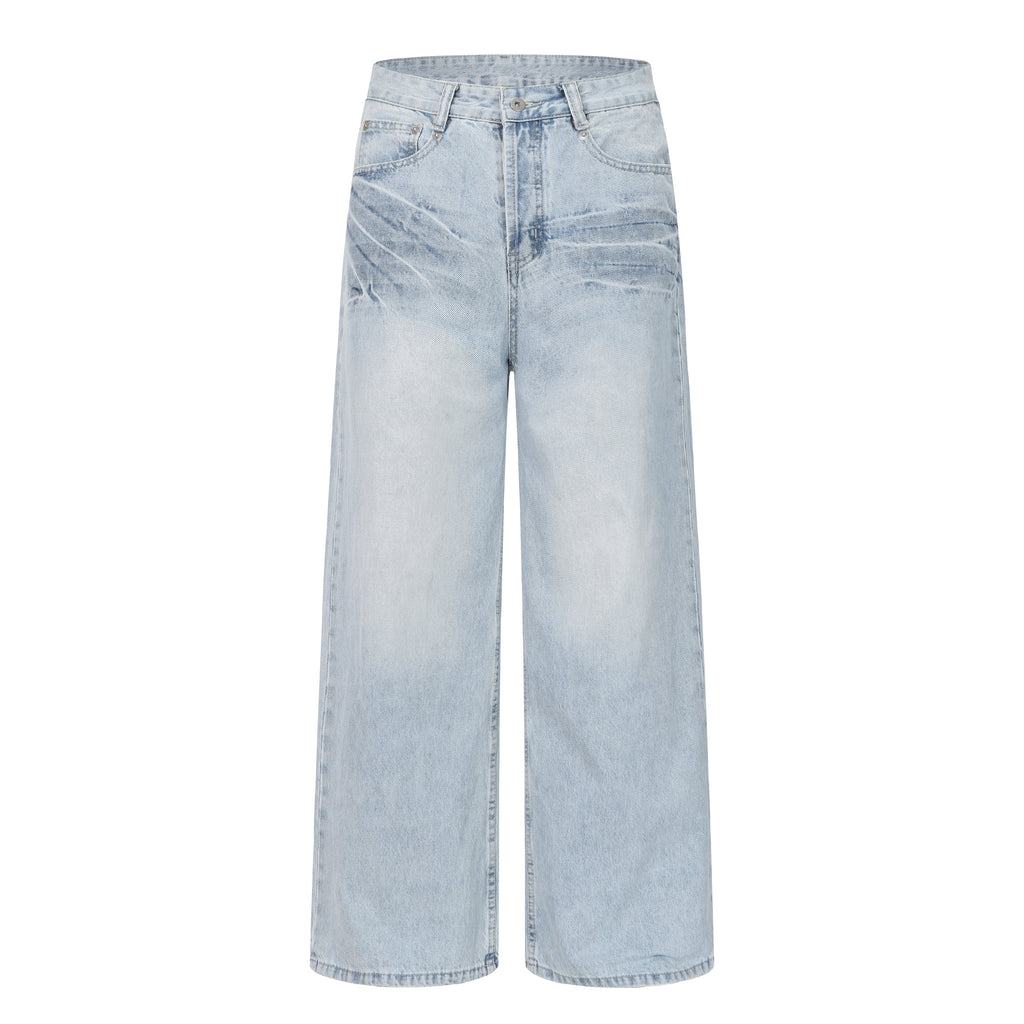 DONOTLOGO Retro Blue Baggy Denim Pants | Unisex Y2K Wide Leg Trousers with Natural Whiskering & Fade | High Street Relaxed Fit Bottoms