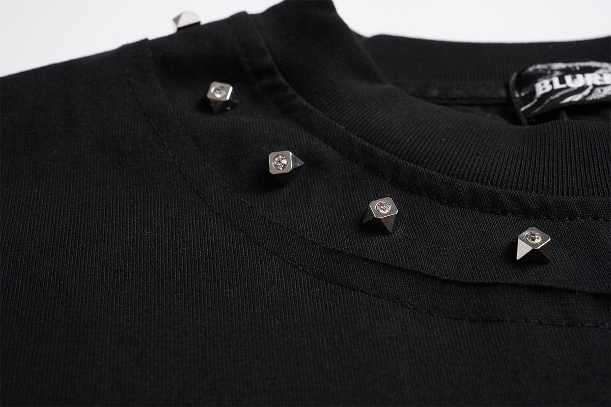 Unisex Streetwear Color-Block Raw-Edge Beaded Versatile Short-Sleeve T-Shirt