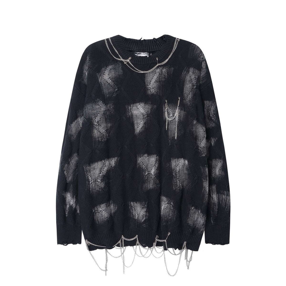 Unisex Crewneck Sweater with Irregular Paint and Chain Detail