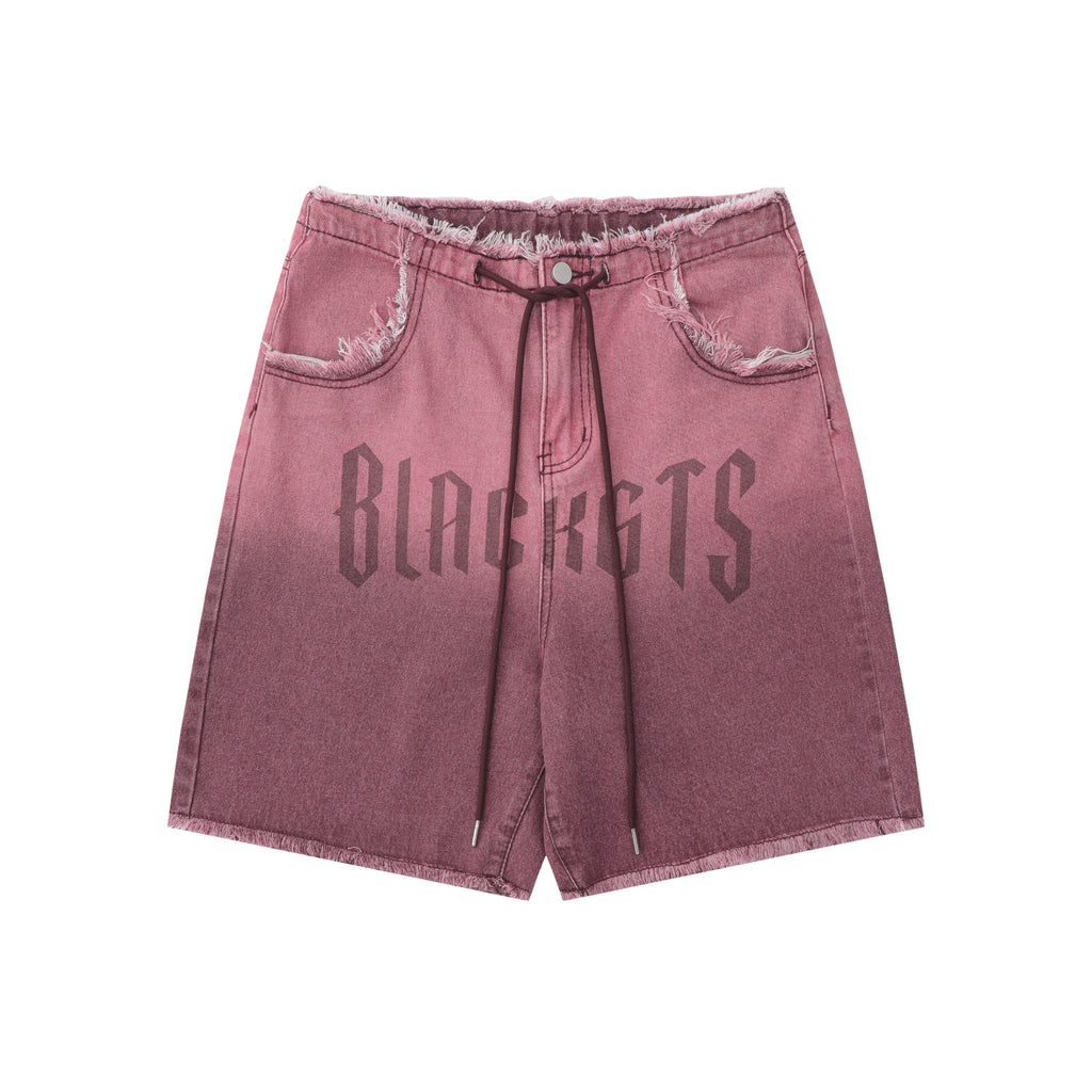 DONOTLOGO Ombre Letter Graphic Denim Shorts | Unisex Distressed Raw Hem Capris | Retro Streetwear Baggy Fit
