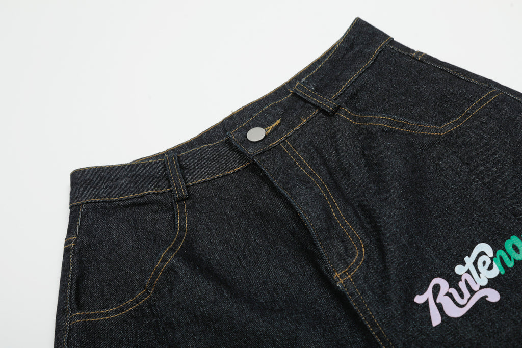 DONOTLOGO Unisex Graffiti Denim Shorts | Dark Wash, Colorful Letters | Plaid Cuffed Hem, Loose Fit Summer Must-Have