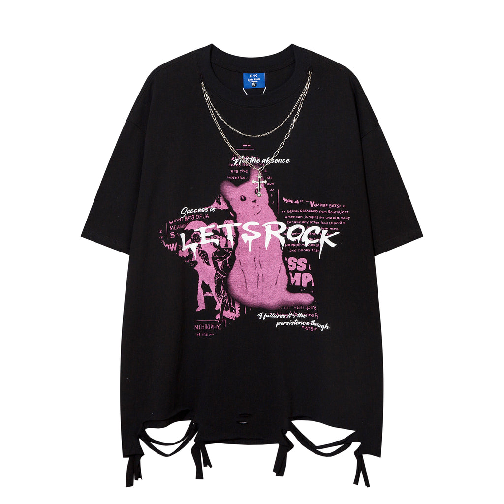 DONOTLOGO Bold Cat Print & Chain Accent Tee | Unisex Y2K Oversized Distressed Top | Retro High Street Summer Shirt