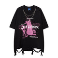 DONOTLOGO Bold Cat Print & Chain Accent Tee | Unisex Y2K Oversized Distressed Top | Retro High Street Summer Shirt