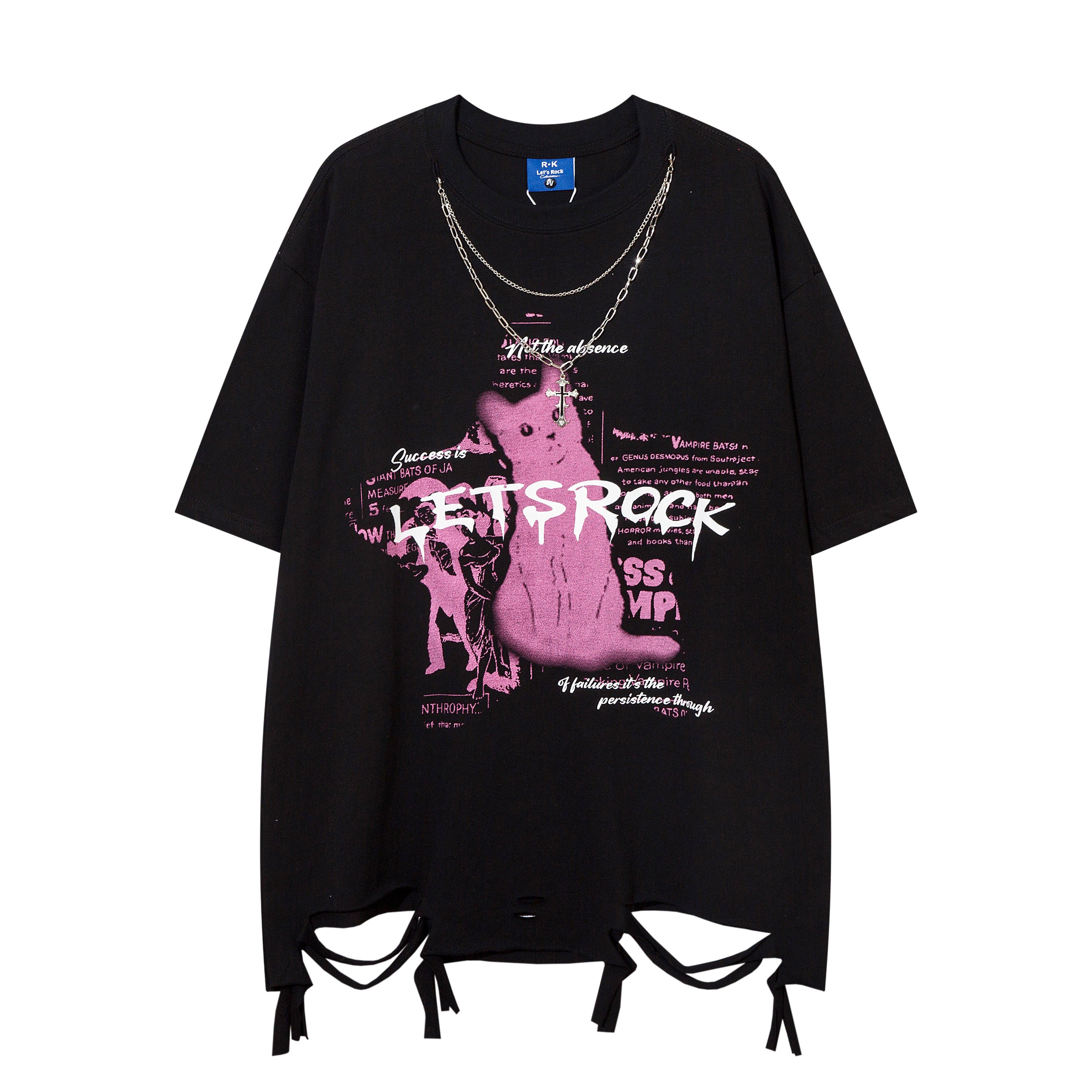 DONOTLOGO Bold Cat Print & Chain Accent Tee | Unisex Y2K Oversized Distressed Top | Retro High Street Summer Shirt