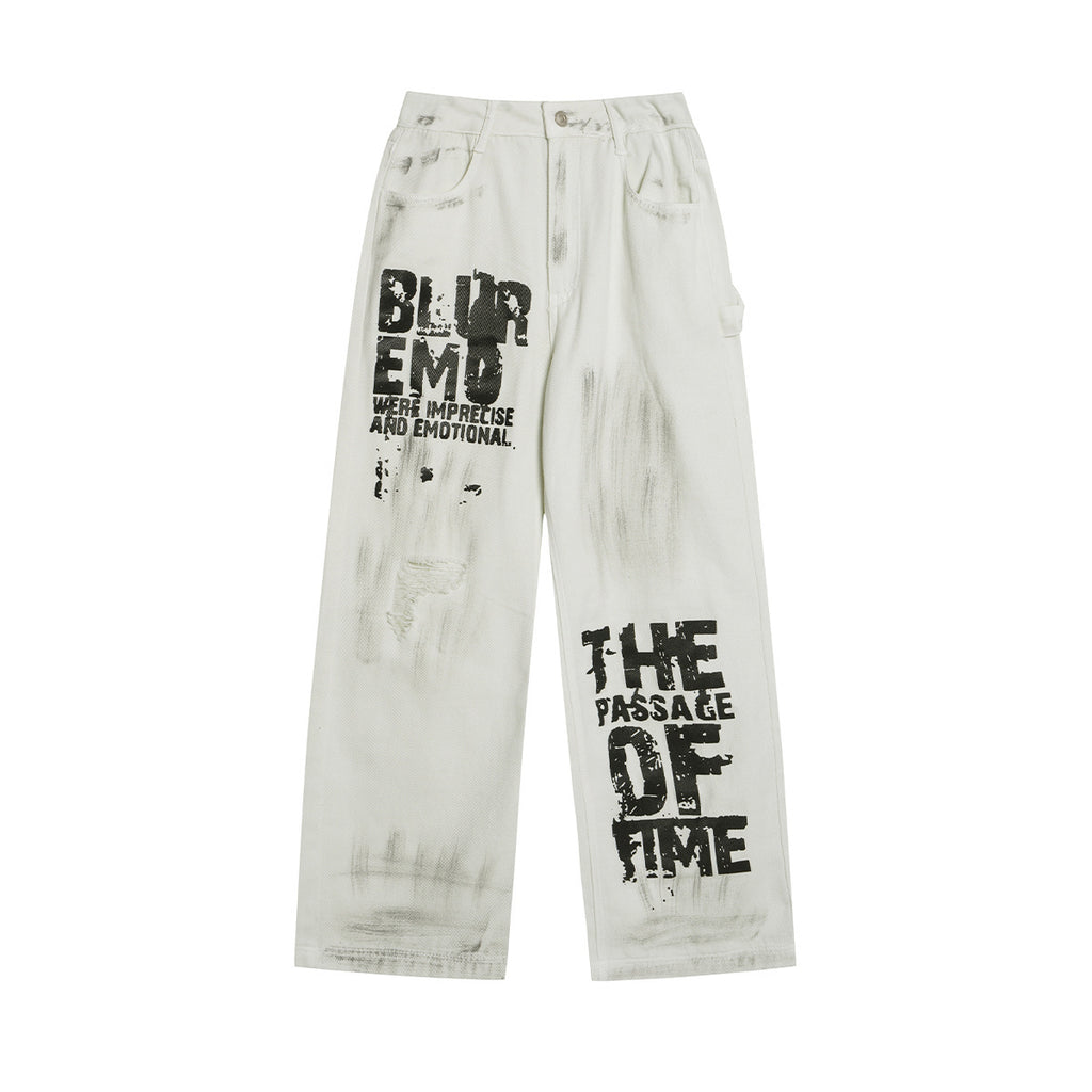 Unisex Relaxed Fit Street Graffiti Washed Wide-Leg Denim Pants