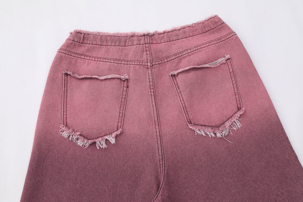 DONOTLOGO Ombre Letter Graphic Denim Shorts | Unisex Distressed Raw Hem Capris | Retro Streetwear Baggy Fit