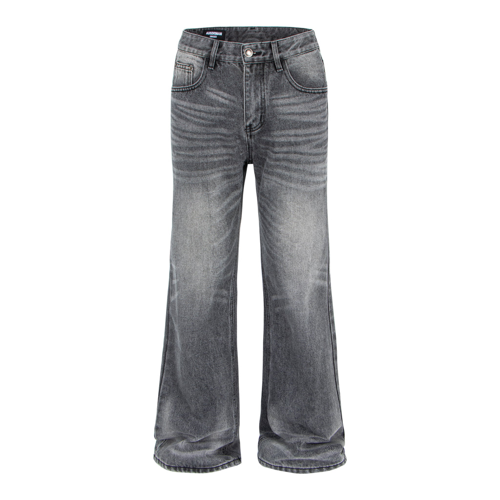 Vintage Washed Whiskered Slub Denim Jeans in Black & Gray