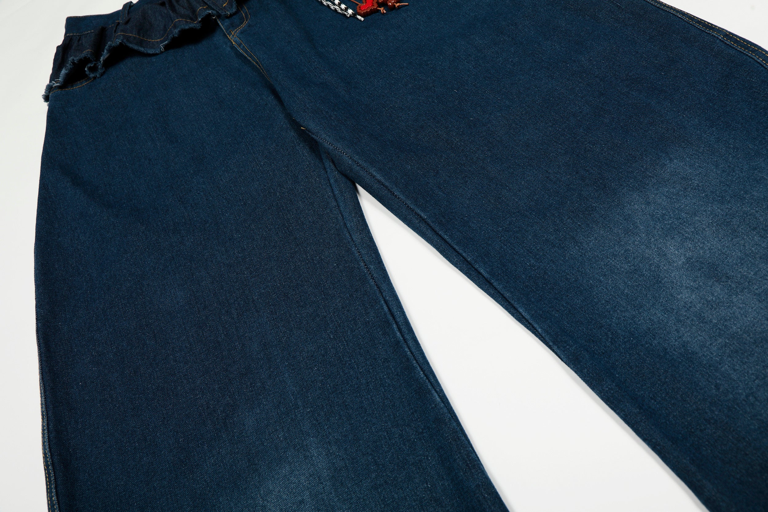 DONOTLOGO Sweet Streetwear Collection | Unisex Relaxed Fit Denim Jeans | Delicate Ruffle Waistband & Hanging Charm Motif with Classic Cotton Denim Fabric