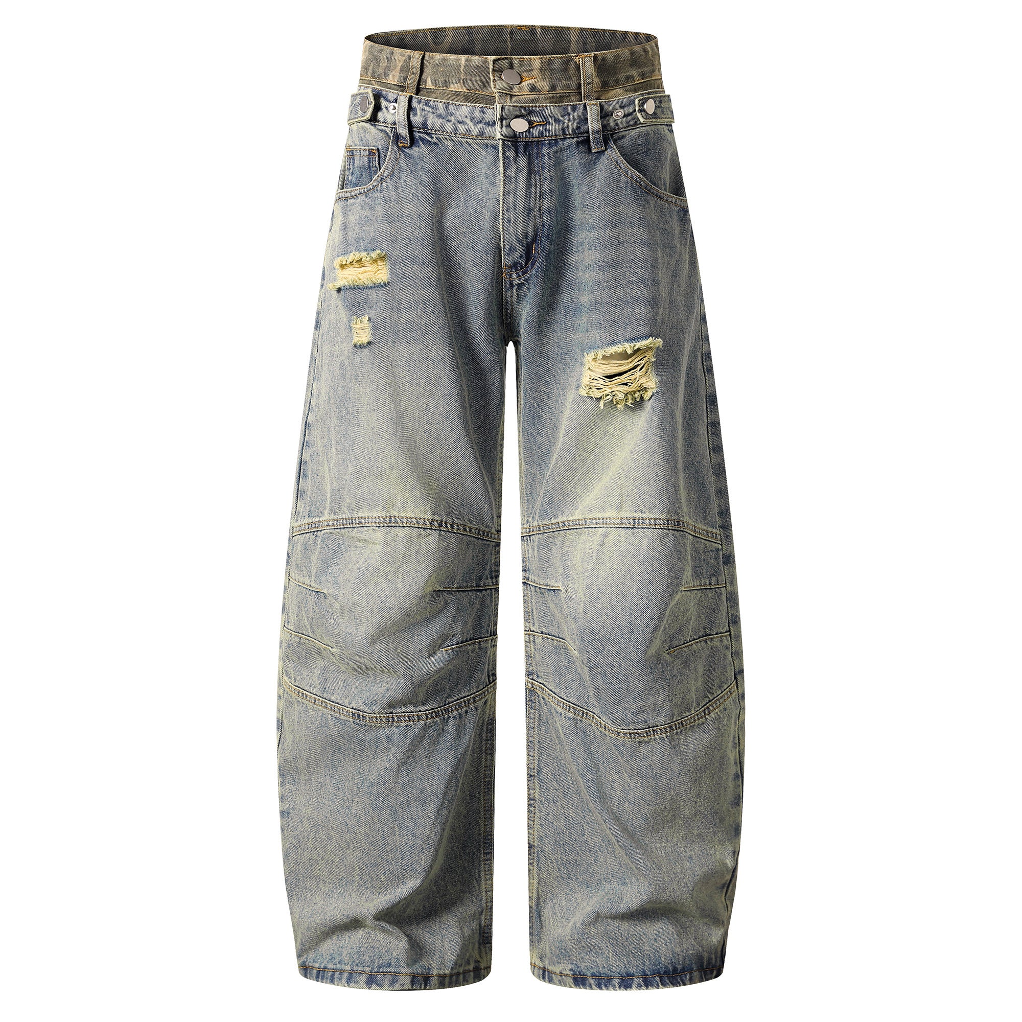 Unisex Retro Double-Waist Camouflage Distressed Jeans