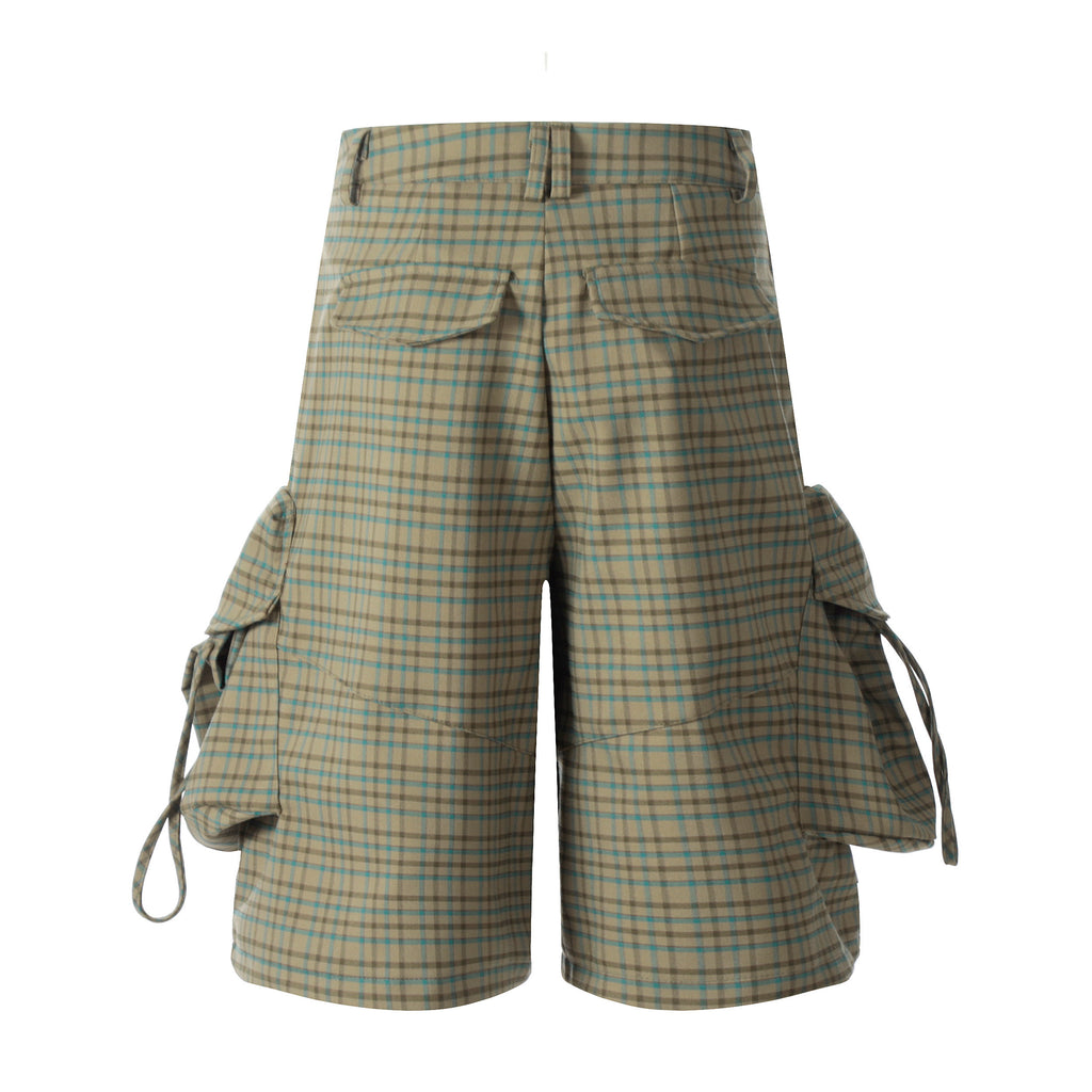 Unisex Green Plaid Patchwork Cargo Pants with Large Pockets