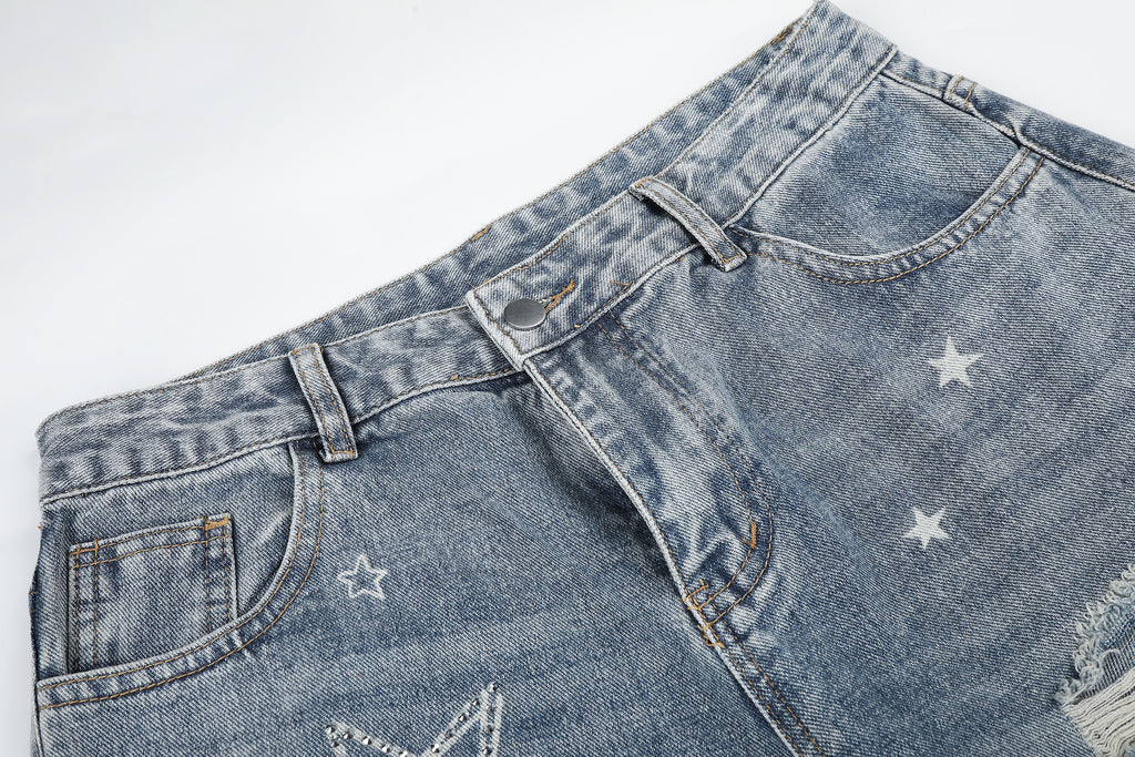 DONOTLOGO Urban Edge Collection | Unisex Relaxed Fit Denim Jeans | Bold Star Embroidery & Ripped Wash Finish with Classic Cotton Denim Fabric