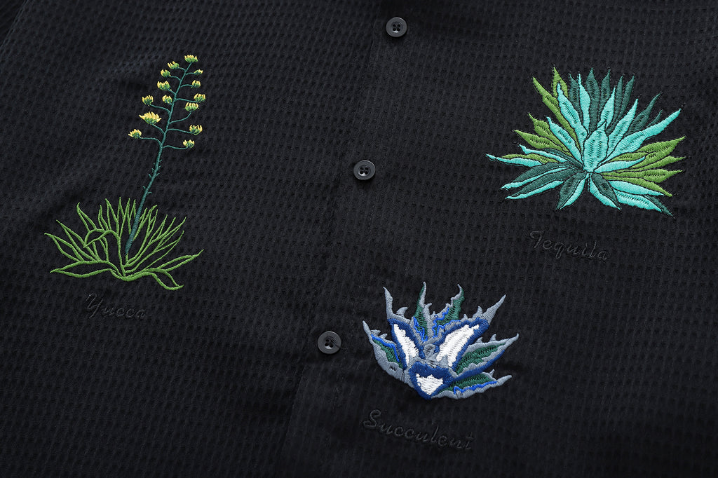 DONOTLOGO Desert Flora Collection | Unisex Relaxed Fit Waffle Weave Shirt | Artistic Aesthetic Short Sleeve Top with Detailed Succulent & Cactus Embroidery