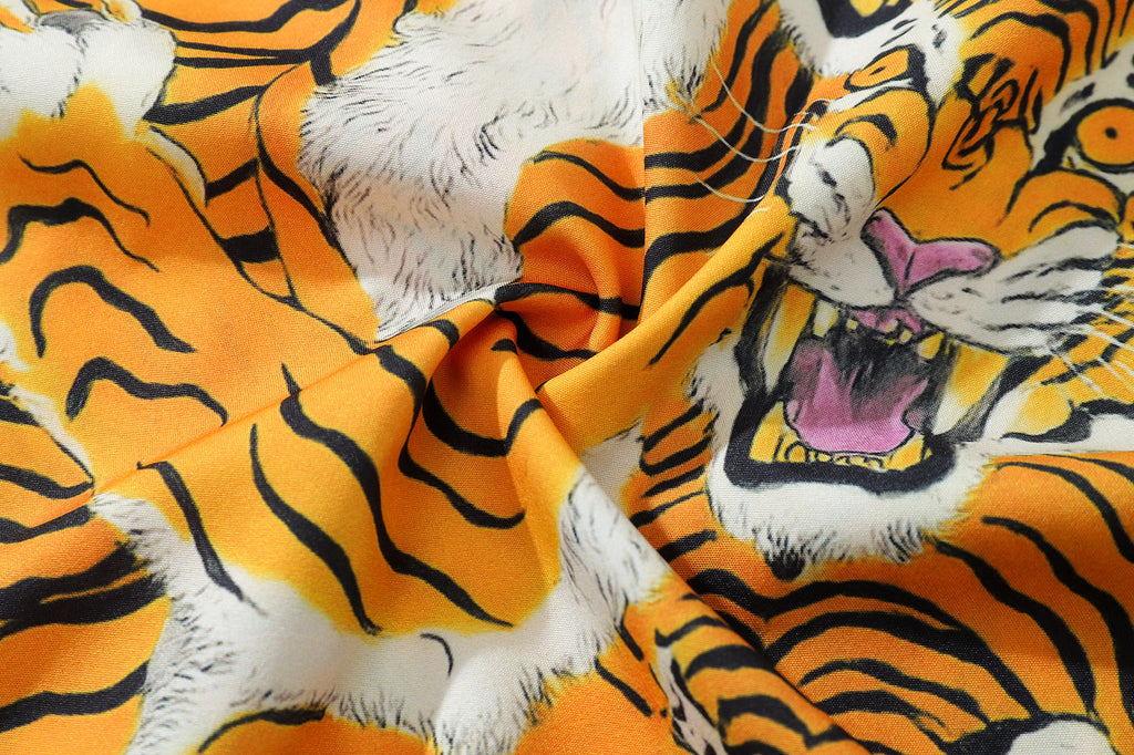 DONOTLOGO Roaring Tiger Head Cuban Collar Shirt | Vintage Style | All-Over Tiger Print | Relaxed Fit, Slimming