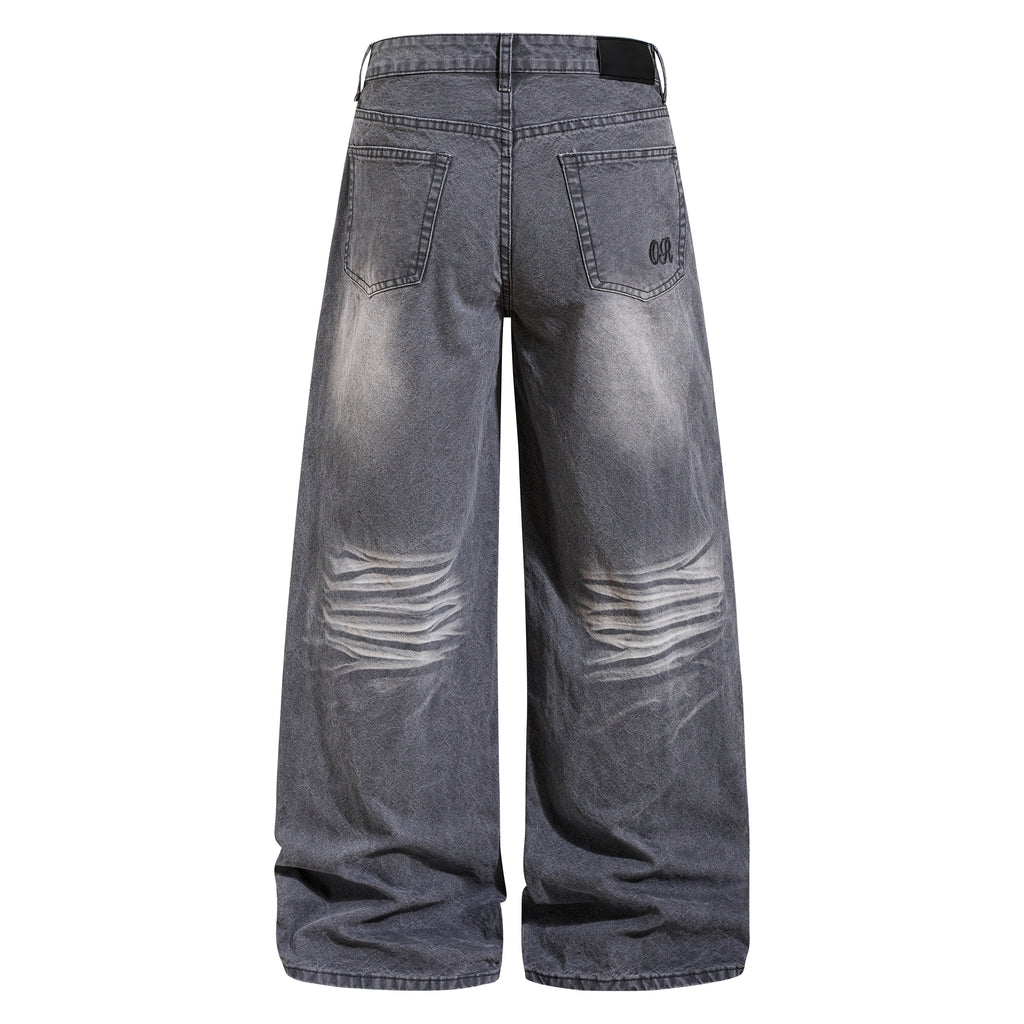 DONOTLOGO Oversized Distressed Wide-Leg Denim | Unisex Vintage Washed Cat Whisker Jeans | Retro Streetwear Baggy Fit with Ripped Detail