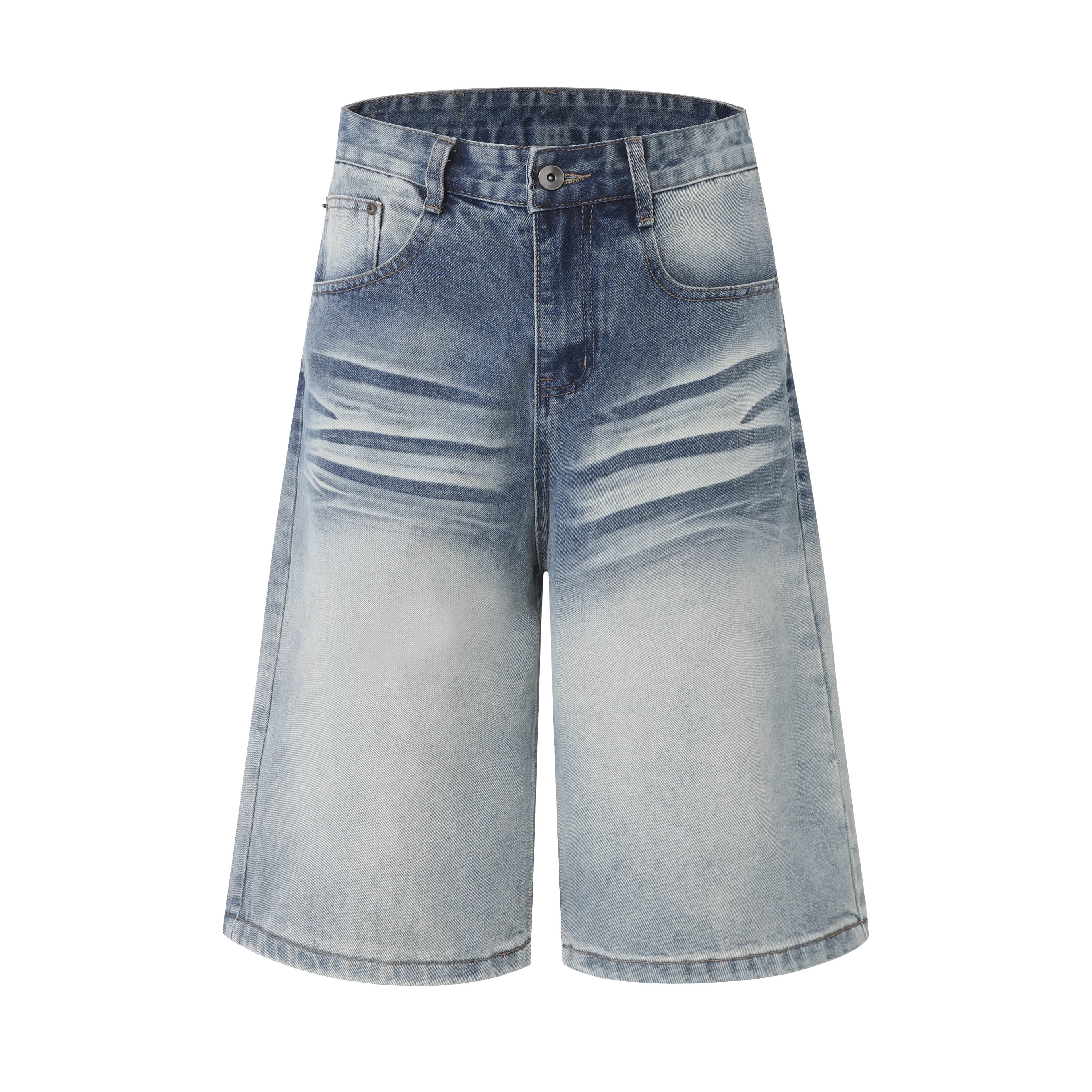DONOTLOGO Retro Blue Baggy Denim Shorts | Unisex Y2K Wide Leg Trousers with Natural Whiskering & Fade | High Street Relaxed Fit Bottoms