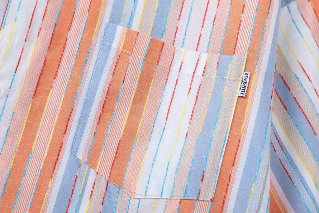 DONOTLOGO “Colorful Summer” Striped Shirt | Orange/Blue/Pink Colorblock | Drop Shoulder, Loose Fit | Summer Street Style Must-Have