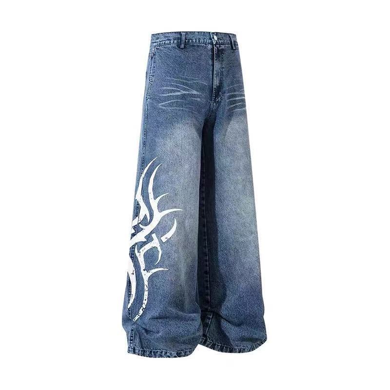 DONOTLOGO "Totem Fade" Baggy Denim - American High-Street Wide Leg Jeans with Distressed Tribal Print - Statement Streetwear Pants