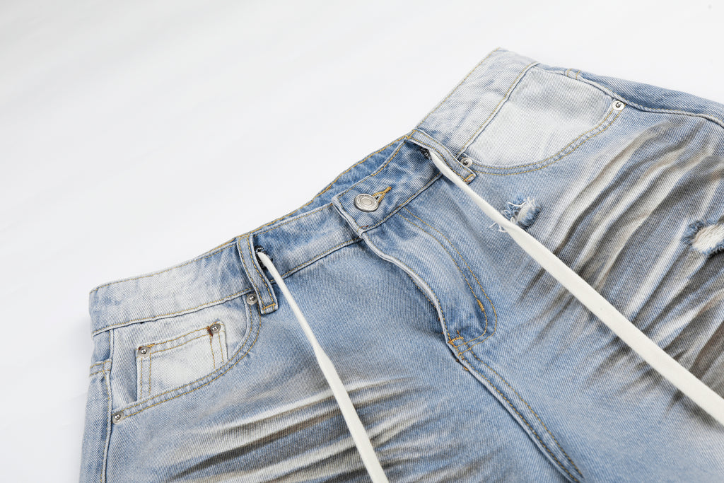 DONOTLOGO Urban Streetwear Collection | Unisex Relaxed Fit Denim Shorts | Bold Ripped Motif & Drawstring Detail with Classic Cotton Denim Fabric