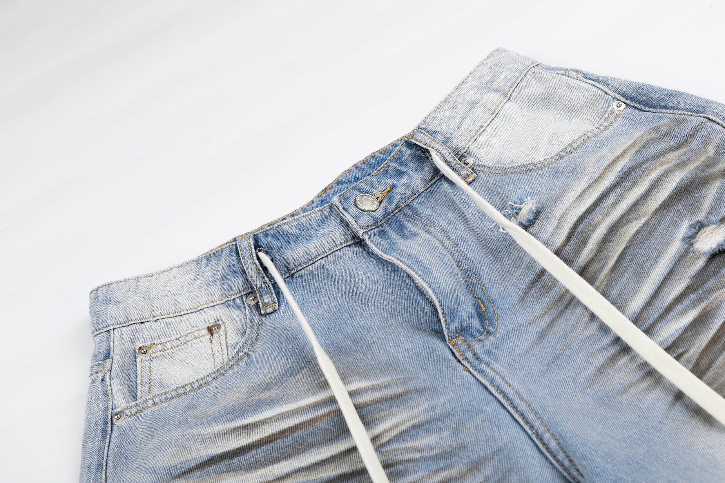 DONOTLOGO Urban Streetwear Collection | Unisex Relaxed Fit Denim Shorts | Bold Ripped Motif & Drawstring Detail with Classic Cotton Denim Fabric