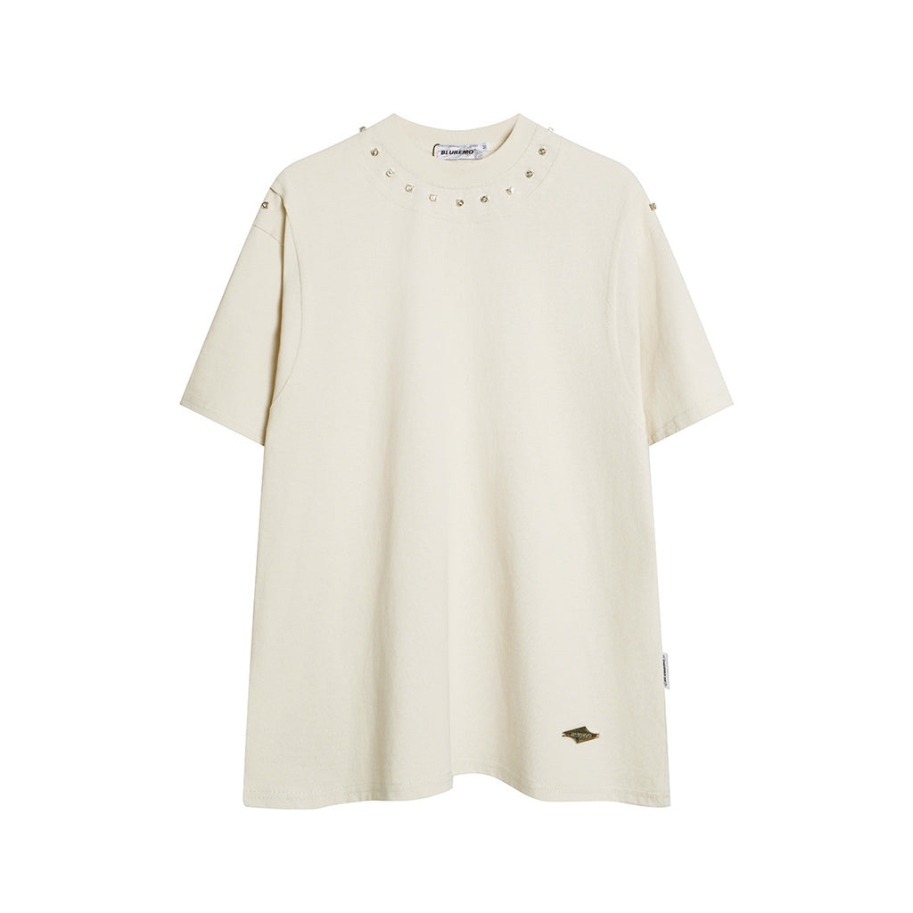 Unisex Streetwear Color-Block Raw-Edge Beaded Versatile Short-Sleeve T-Shirt
