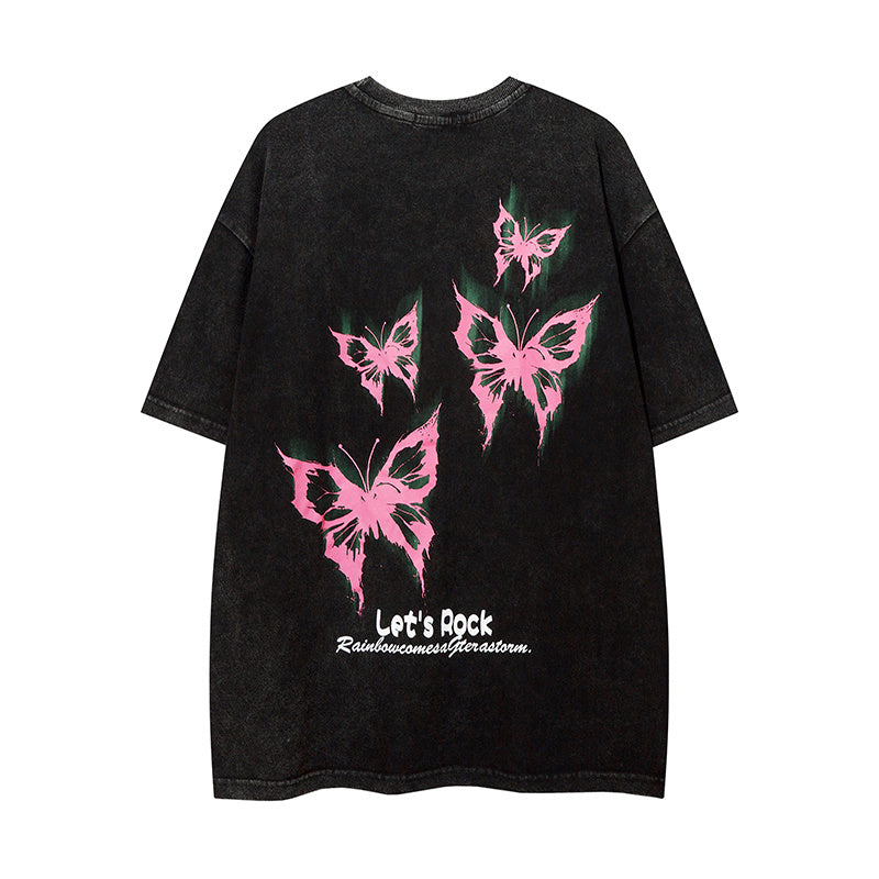 DONOTLOGO Heavy Acid Washed Butterfly Print Tee | Unisex Y2K Oversized Streetwear Top | Retro High Street Summer Shirt