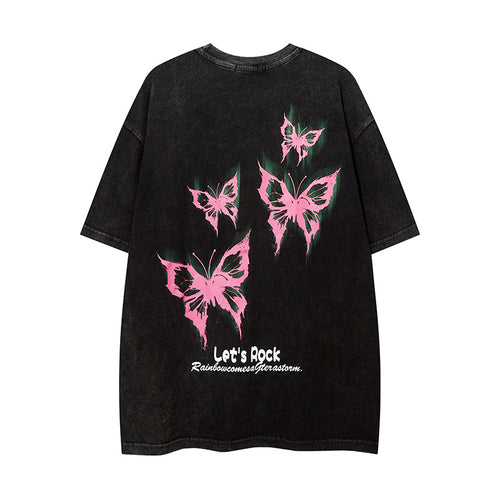 DONOTLOGO Heavy Acid Washed Butterfly Print Tee | Unisex Y2K Oversized Streetwear Top | Retro High Street Summer Shirt