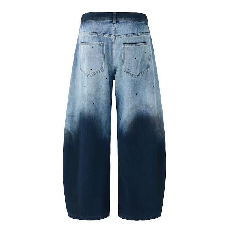 DONOTLOGO "Ombre Fade" Distressed Denim - Curved Seam Baggy Jeans with Splatter Detail - Vintage Washed Wide Leg Trousers