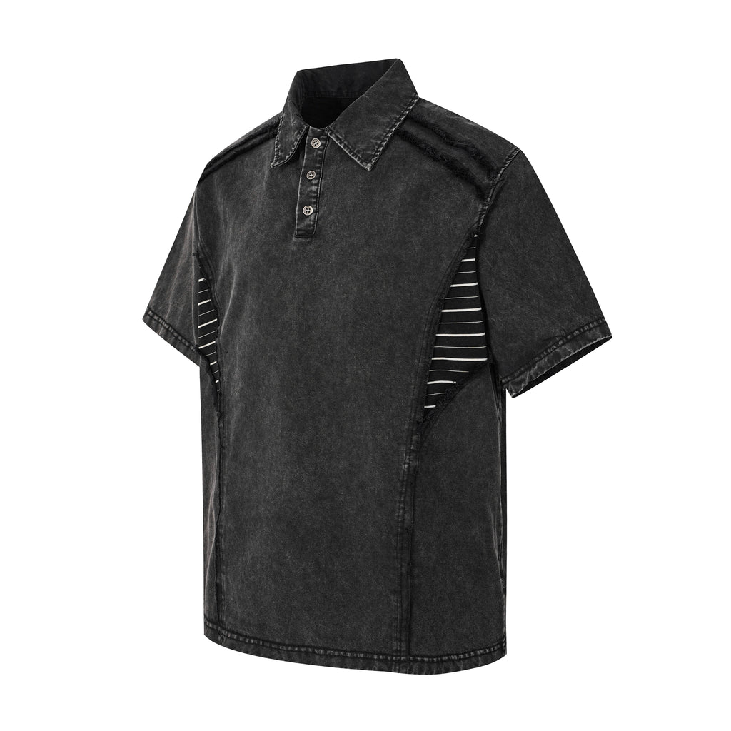 DONOTLOGO Industrial Edge Collection | Unisex Relaxed Fit Deconstructed Polo | Bold Diagonal Striped Seaming & Faded Wash Finish with Heavyweight Cotton Fabric