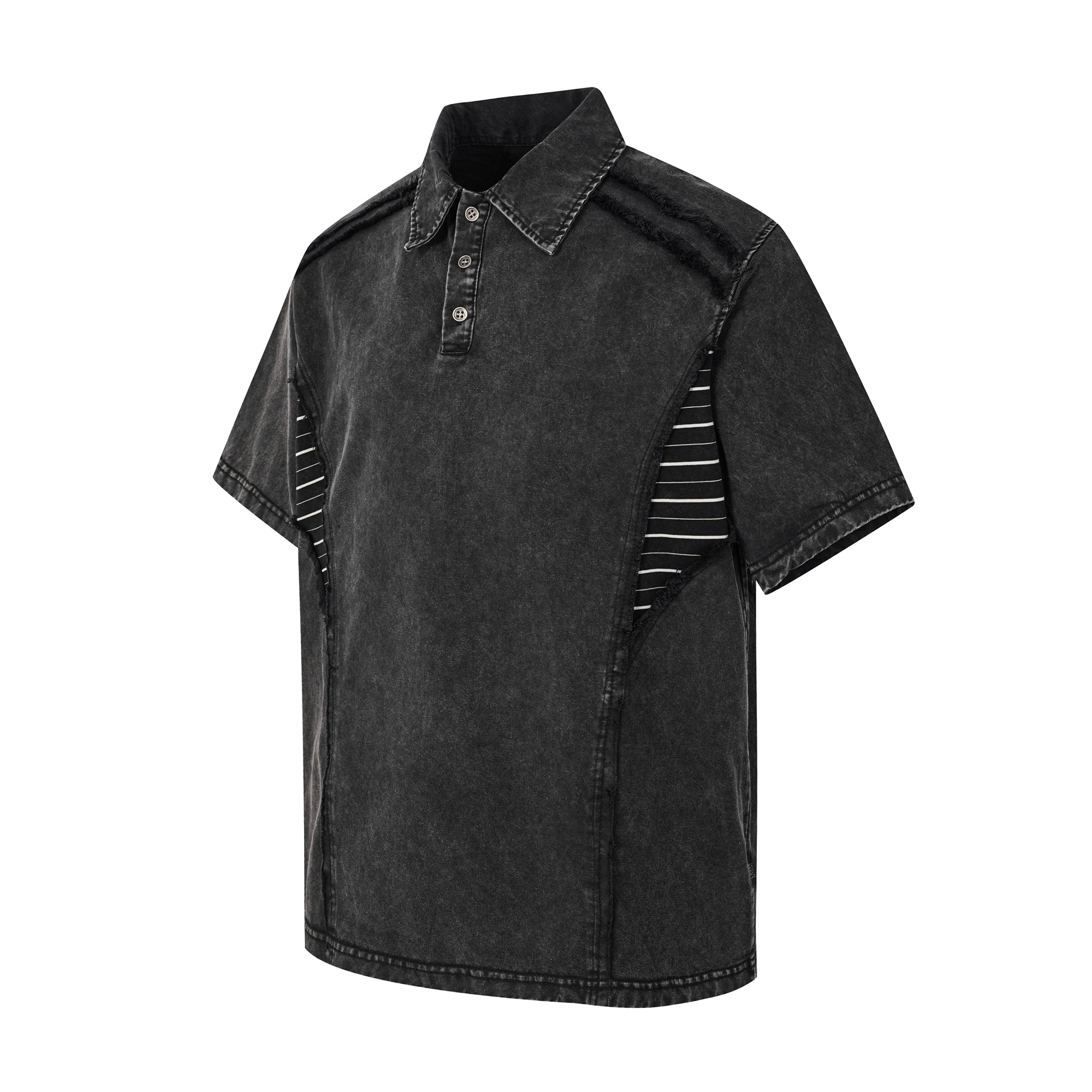 DONOTLOGO Industrial Edge Collection | Unisex Relaxed Fit Deconstructed Polo | Bold Diagonal Striped Seaming & Faded Wash Finish with Heavyweight Cotton Fabric