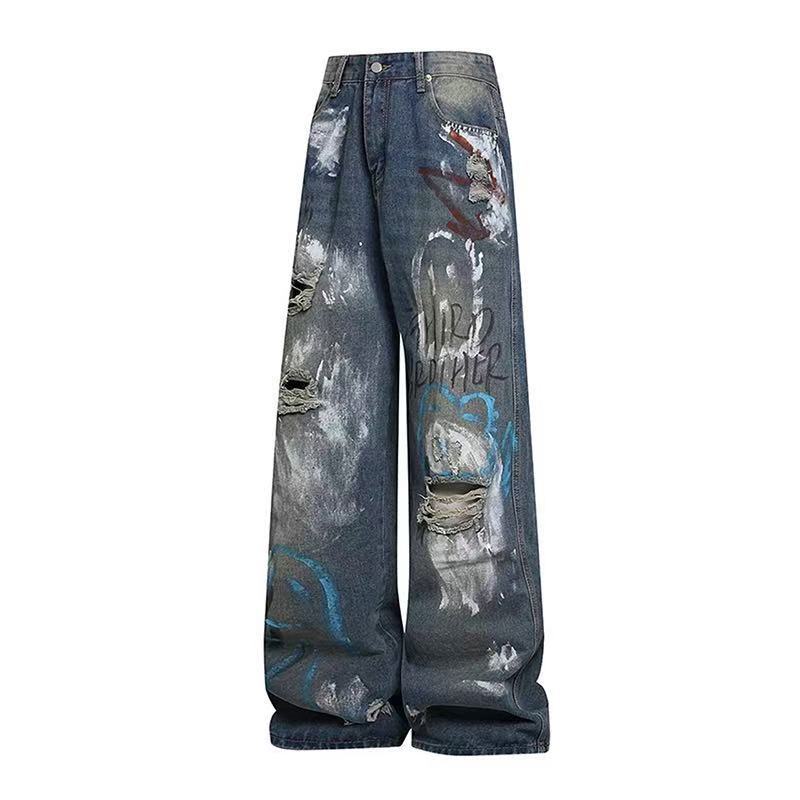 DONOTLOGO "Urban Canvas" Graffiti Jeans - Hand-Painted Distressed Denim with Ripped Knees - Vintage Washed Wide Leg Streetwear Trousers