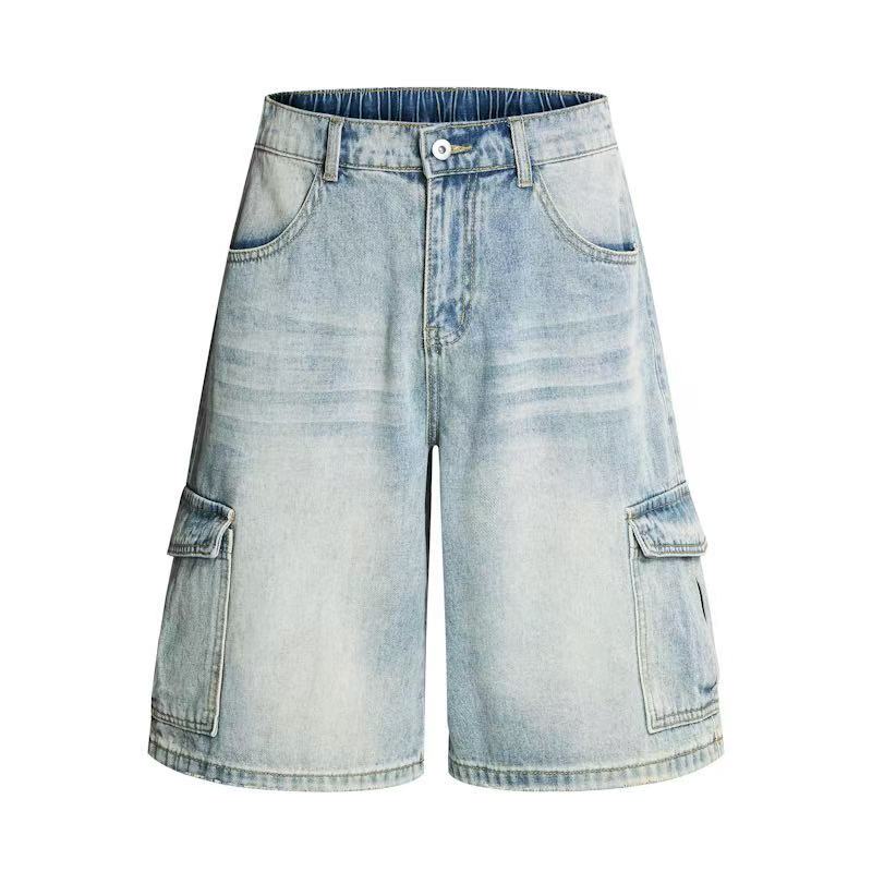 DONOTLOGO Heavy Distressed Cargo Denim Pants | Unisex Y2K Oversized 5-Inch Trousers | Vintage Military High Street Baggy Shorts