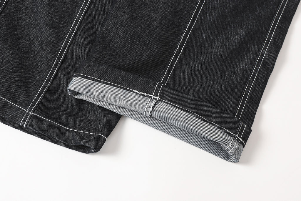 DONOTLOGO Deconstructed Black Baggy Denim Pants | Unisex Y2K Wide Leg Trousers with Bold White Stitching | High Street Relaxed Fit Bottoms