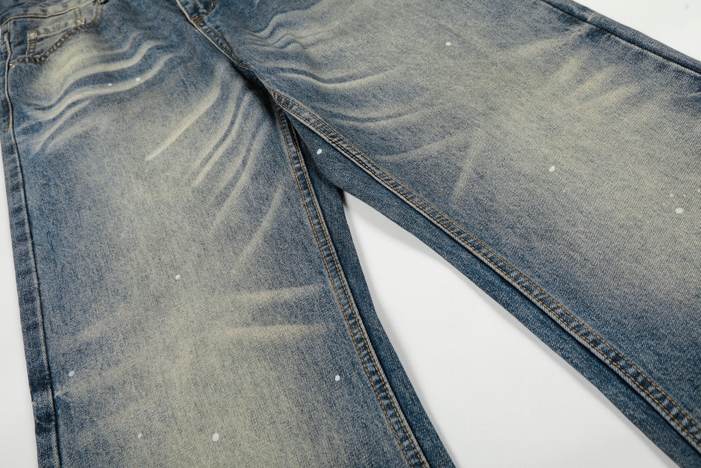 DONOTLOGO Urban Heritage Collection | Unisex Oversized Washed Denim | Retro Aesthetic High-Rise Wide-Leg Bottoms with Authentic Cat Whisker & Splatter Detail