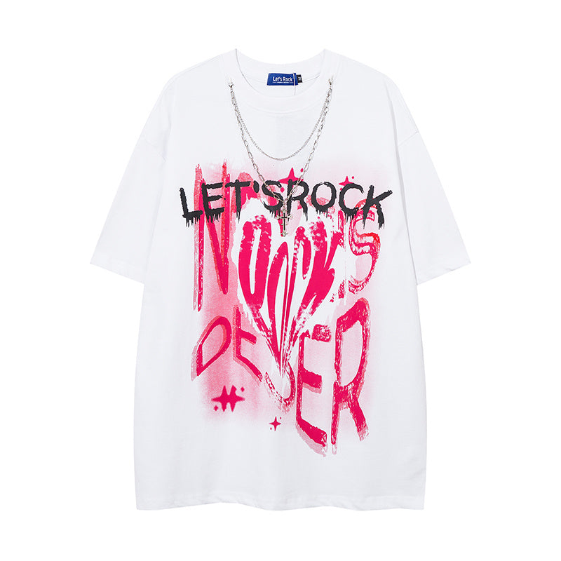 DONOTLOGO Bold Graffiti Letter & Chain Accent Tee | Unisex Y2K Oversized Streetwear Top | Retro High Street Summer Shirt