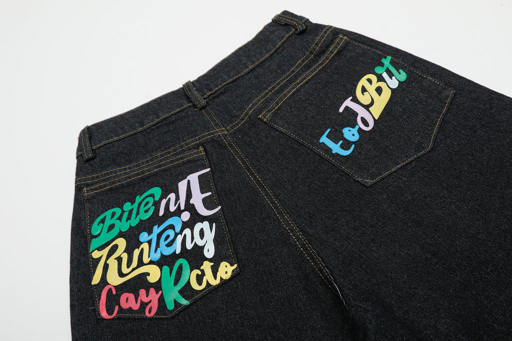 DONOTLOGO Unisex Graffiti Denim Shorts | Dark Wash, Colorful Letters | Plaid Cuffed Hem, Loose Fit Summer Must-Have