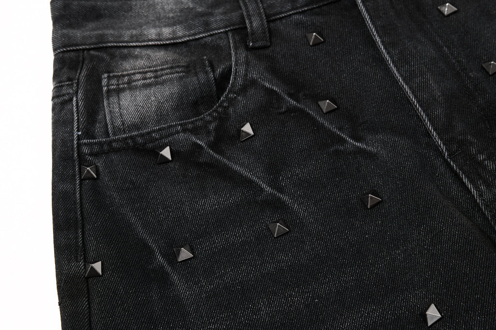 DONOTLOGO Heavy Studded Wide-Leg Denim | Unisex Y2K Punk Rock Rivet Jeans | Vintage Black High Street Oversized Trousers