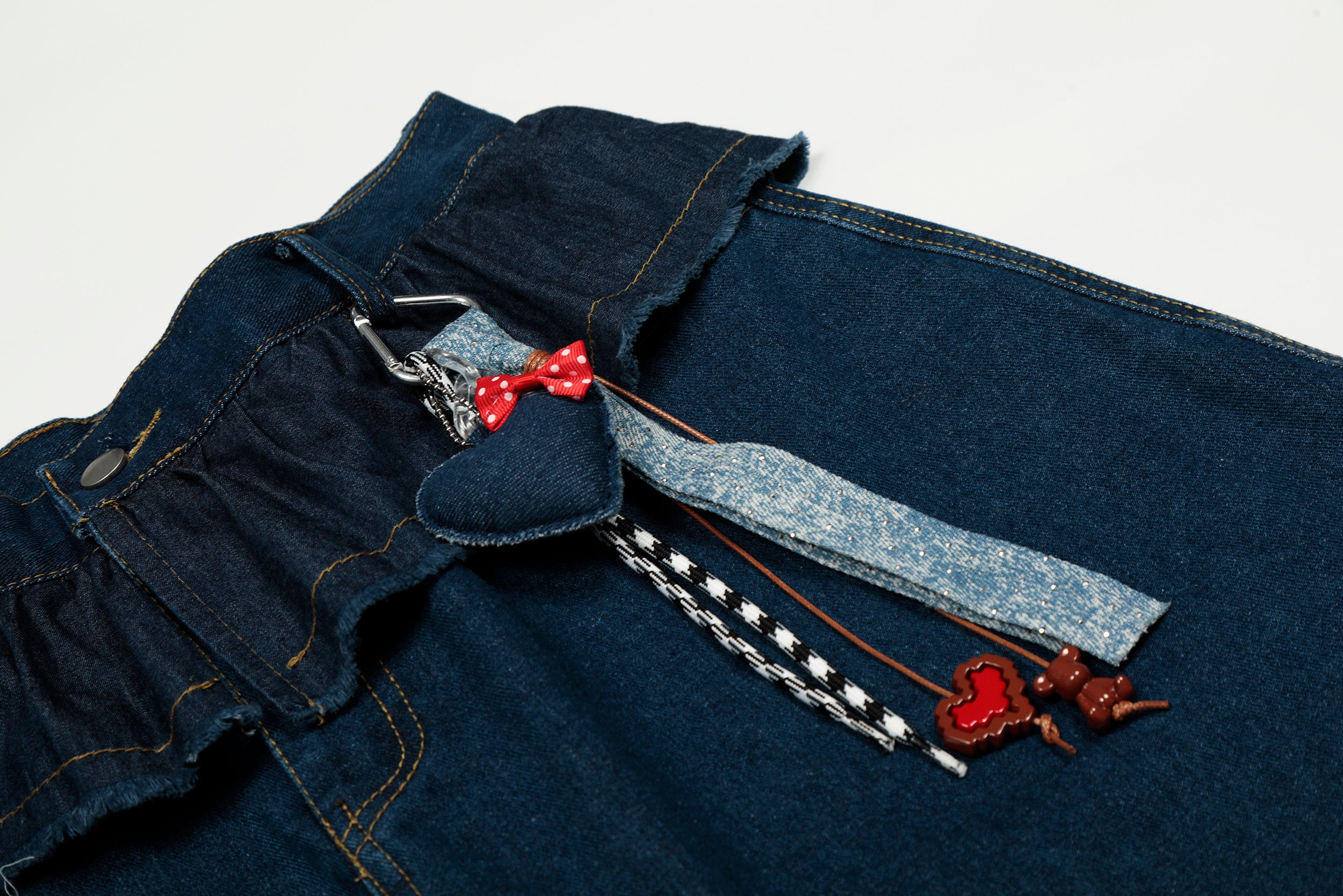 DONOTLOGO Sweet Streetwear Collection | Unisex Relaxed Fit Denim Jeans | Delicate Ruffle Waistband & Hanging Charm Motif with Classic Cotton Denim Fabric