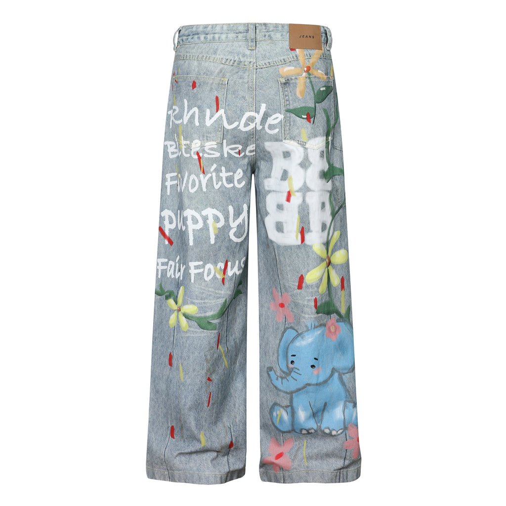 Unisex Cartoon Print Denim Jeans