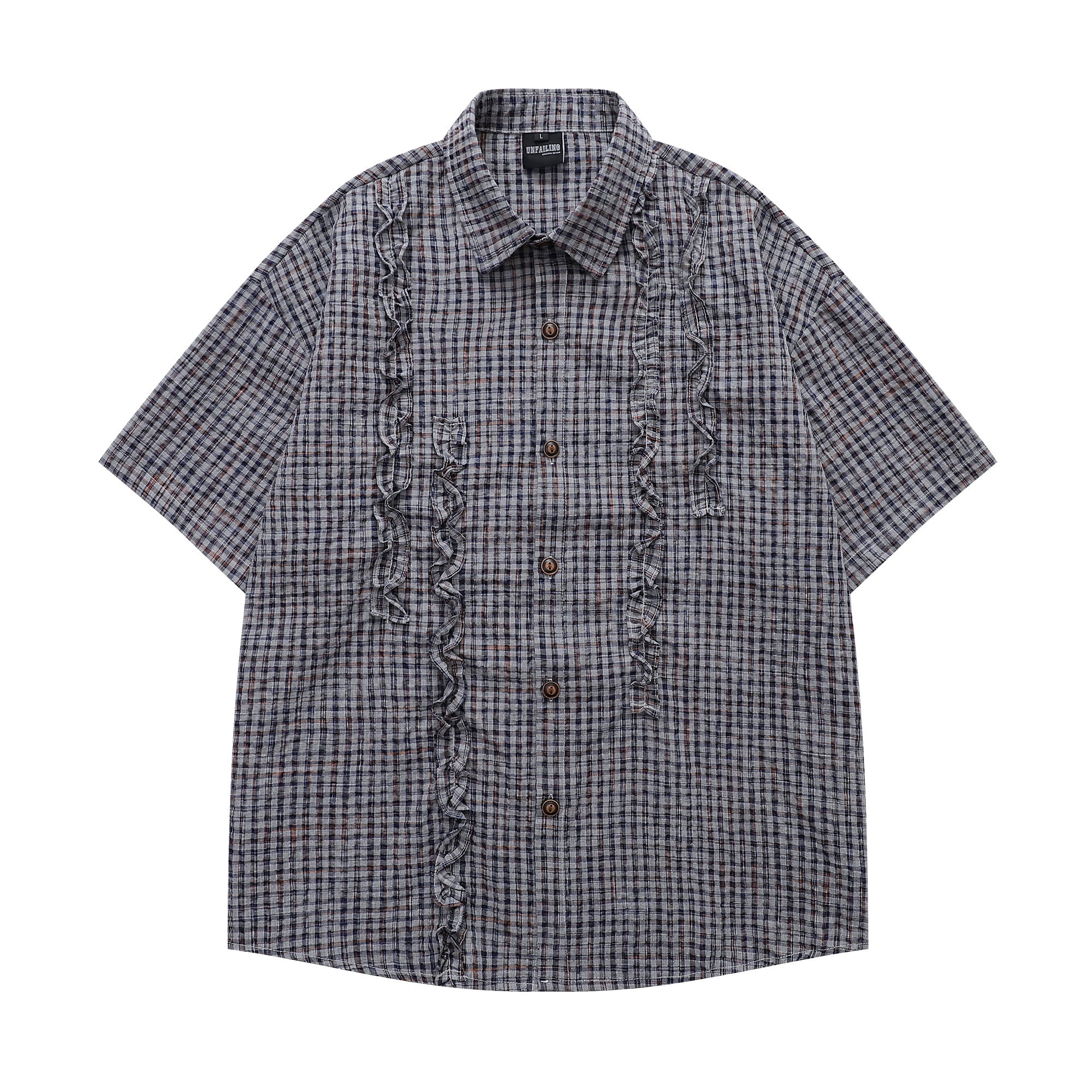 Unisex Loose Street Seersucker Plaid Ruffle Tee