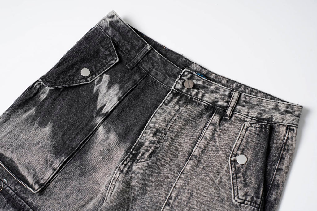 DONOTLOGO "Acid Wash" Heavyweight Cargo Denim - Distressed Tie-Dye Wide Leg Jeans with Multi-Flap Pockets - American High Street Style