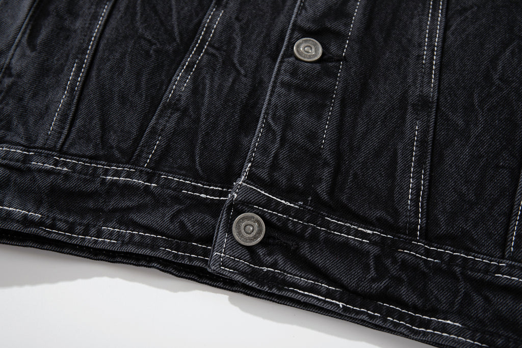 DONOTLOGO Deconstructed Black Denim Jacket - Raw Edge Acid Wash Oversized Jean Jacket - Unisex Grunge Aesthetic Vintage Streetwear