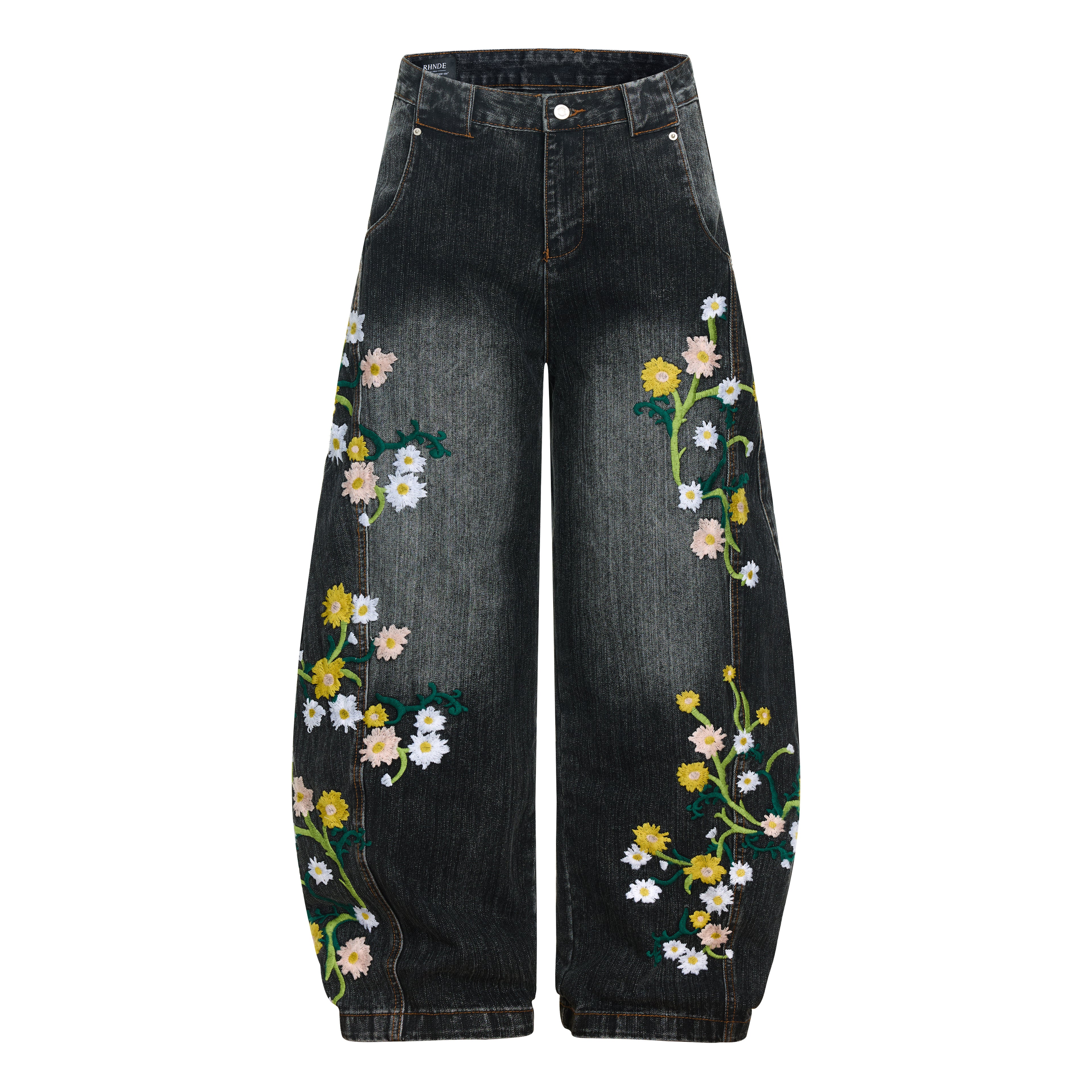 Unisex Floral Embroidered Denim Jeans