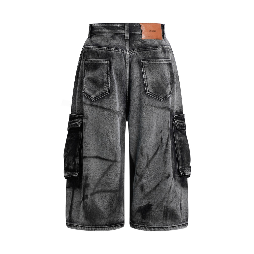 DONOTLOGO Heavy Acid Wash Baggy Cargo Jorts | Unisex Y2K Wide Leg Denim Shorts | Retro High Street Summer Bottoms