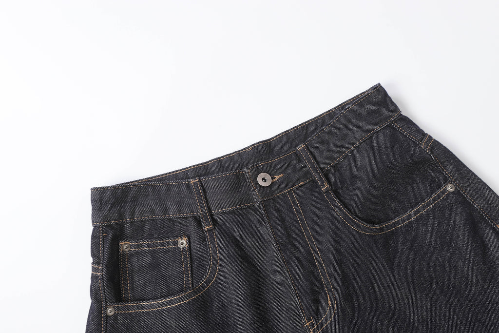 DONOTLOGO Retro Black Raw Denim Shorts | Unisex Y2K Wide Leg Trousers with Minimalist Design | High Street Relaxed Fit Bottoms